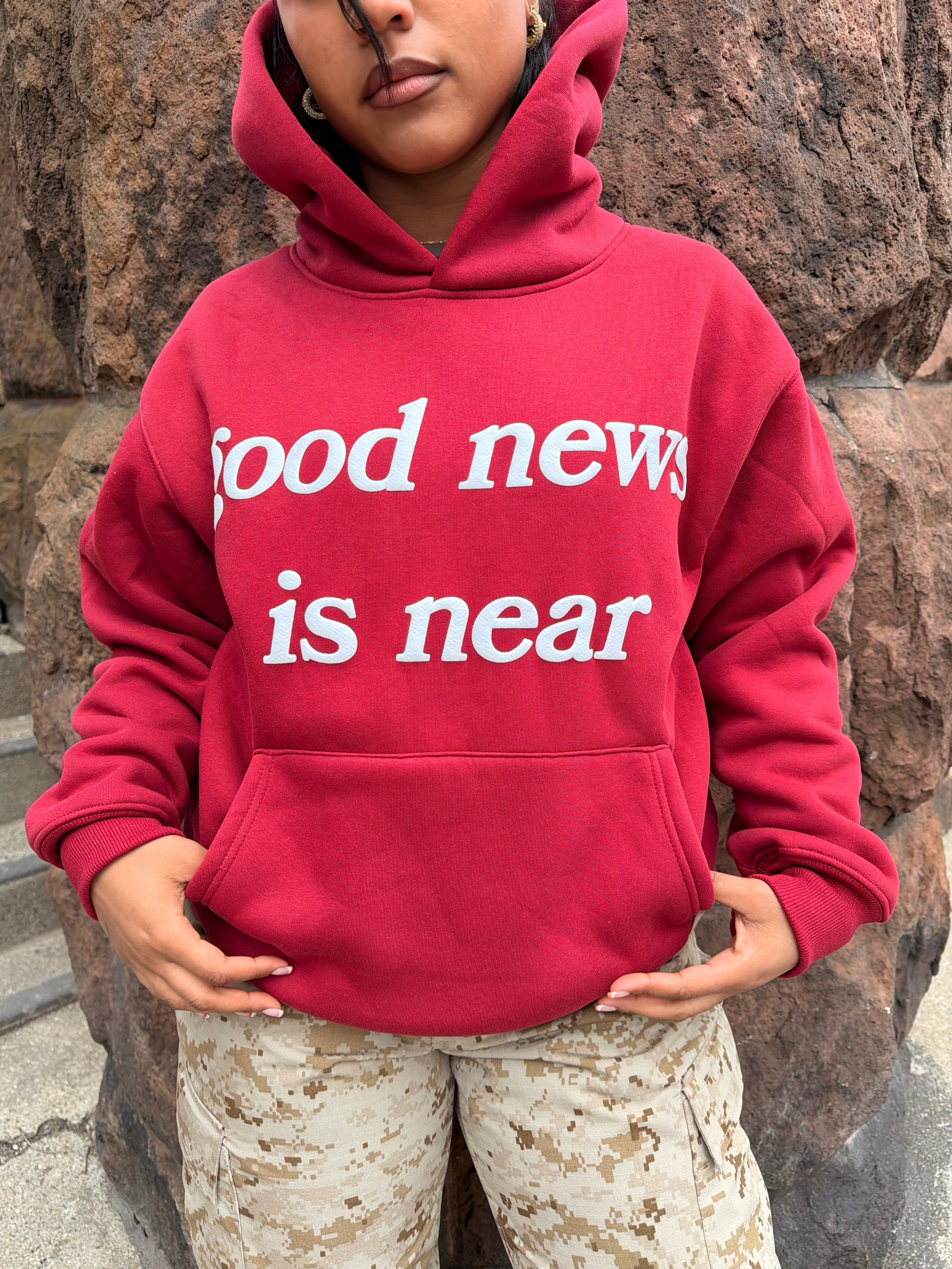 Red good news is near hoodie