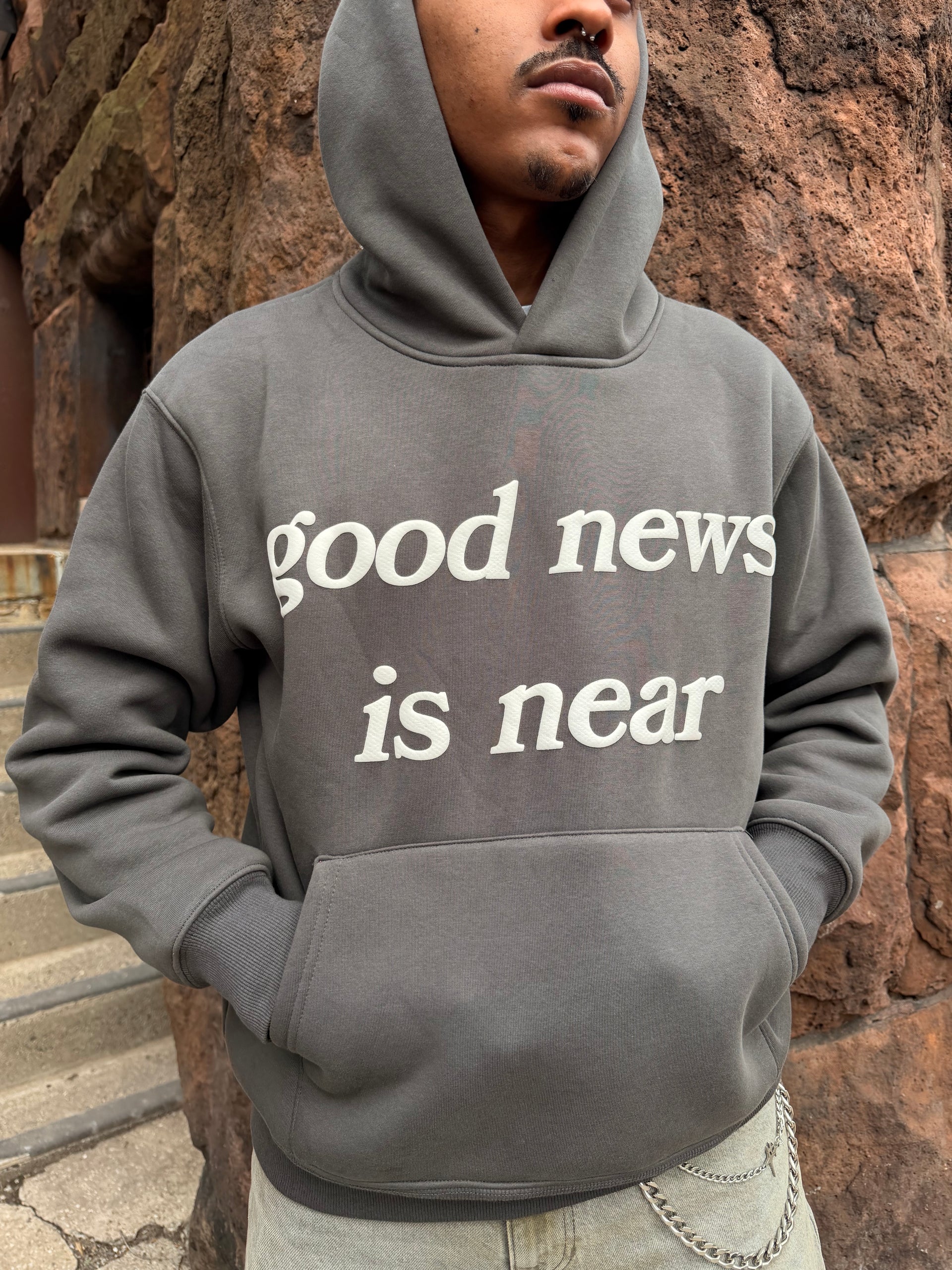 Gray good news is near hoodie